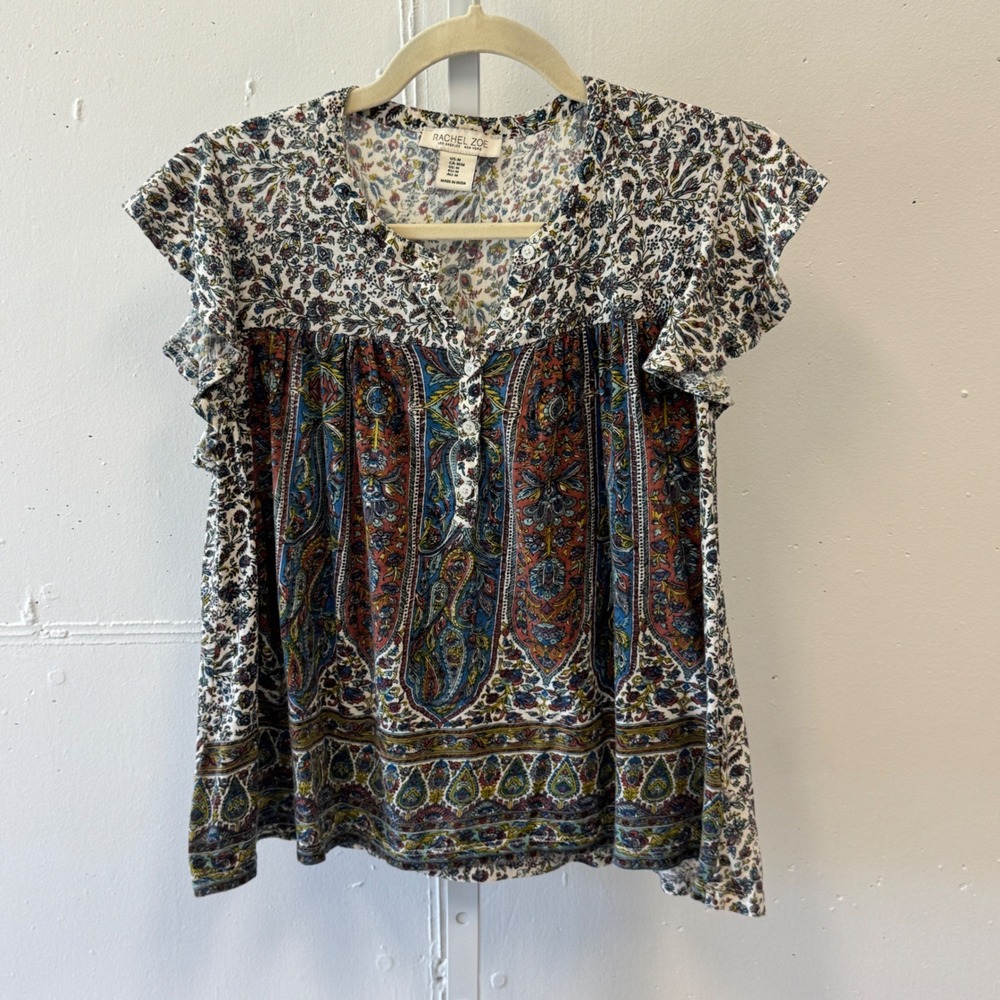 Rachel Zoe Mixed Floral Paisley Ruffle Cap Sleeve‎ Cotton Blouse Top Boho Medium